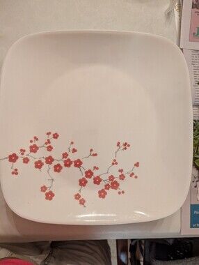 4  Corelle White Square Dinner Plates  with Red Floral Branch Design